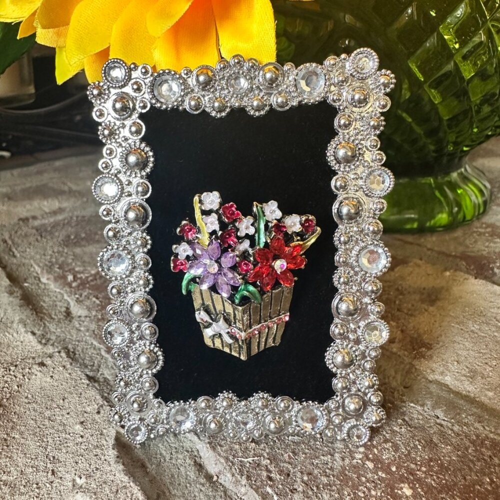 Framed Jewelry Gold Tone Rhinestone Flower Bouquet Pot Planter Brooch Mini Frame